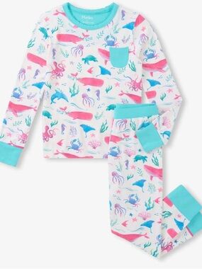 Hatley Bamboo Pajama Set with Aqua Trim and Pink & Blue Ocean Print
